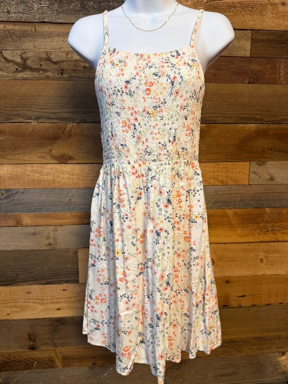 SO Boho Floral Mini Dress Smocked Bodice Empire Waist Adjustable Straps